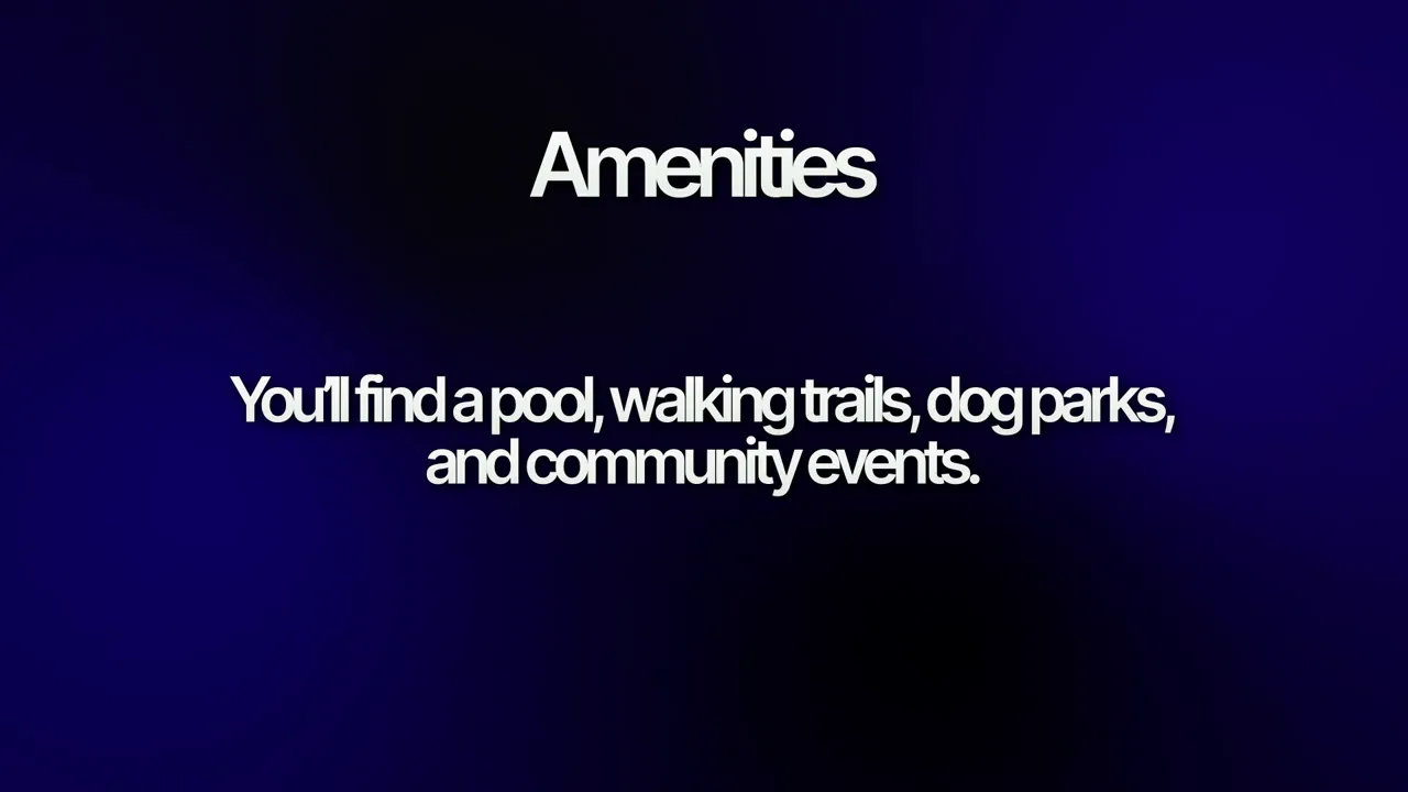 Amenity list graphic for Yowell Ranch and Heritage Oaks including pool, walking trails, dog parks, and community events