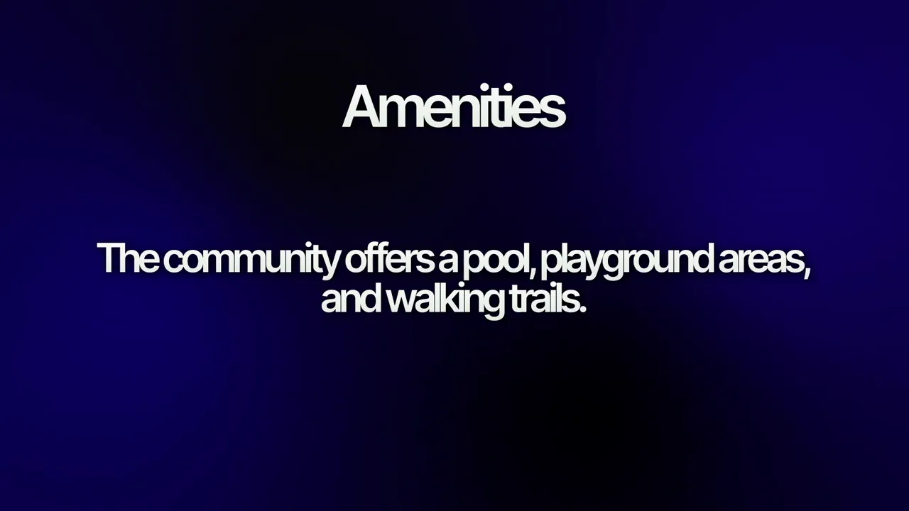On-screen text slide listing amenities for Goodnight Ranch: pool, playground areas, and walking trails
