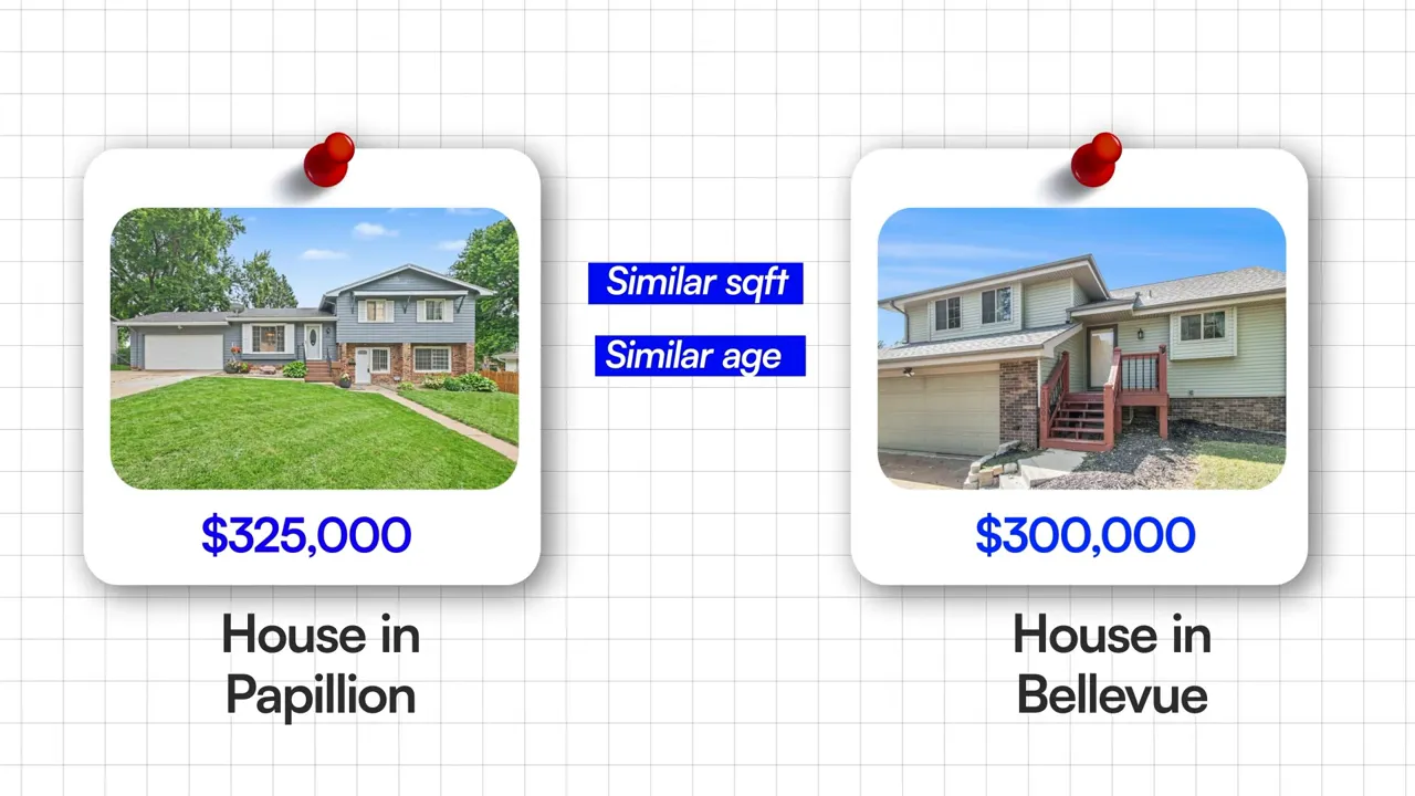 Comparison graphic showing similar homes in Papillion and Bellevue with different prices