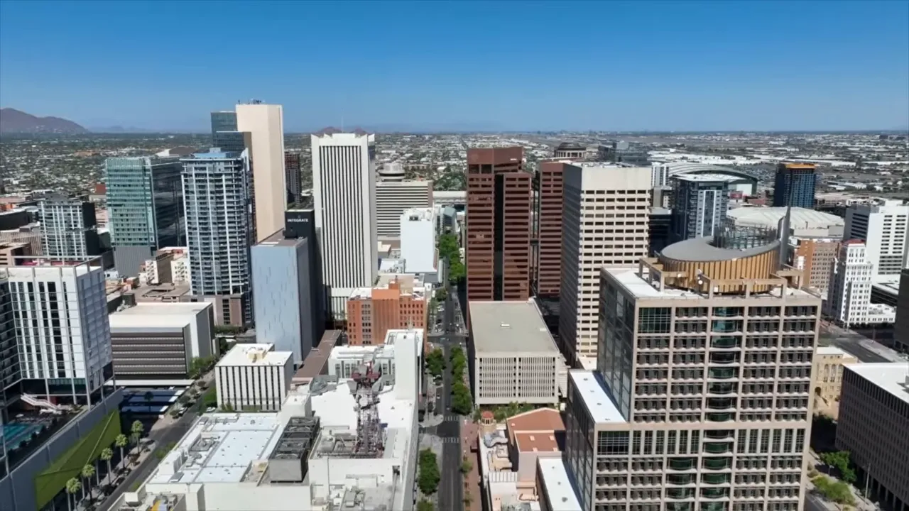 Aerial view of downtown Phoenix high rise buildings and streets