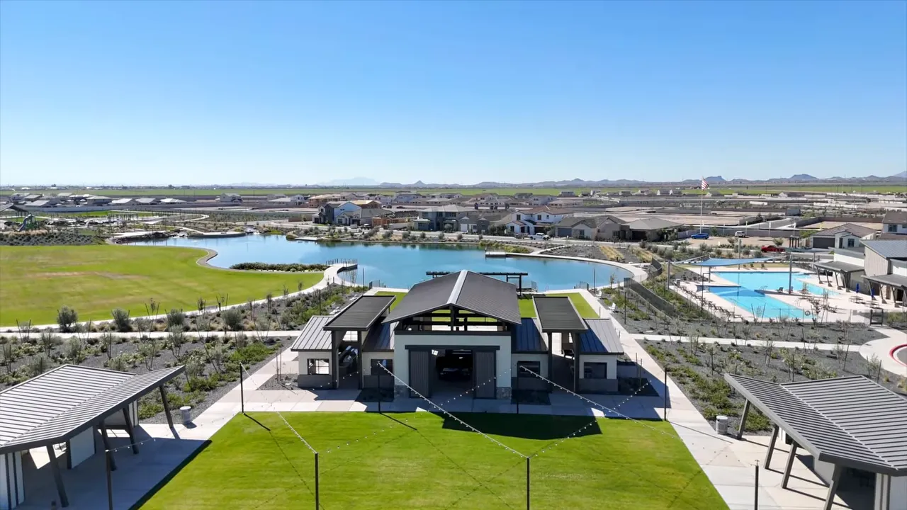 Aerial view of a master planned community clubhouse lakes and swimming pool