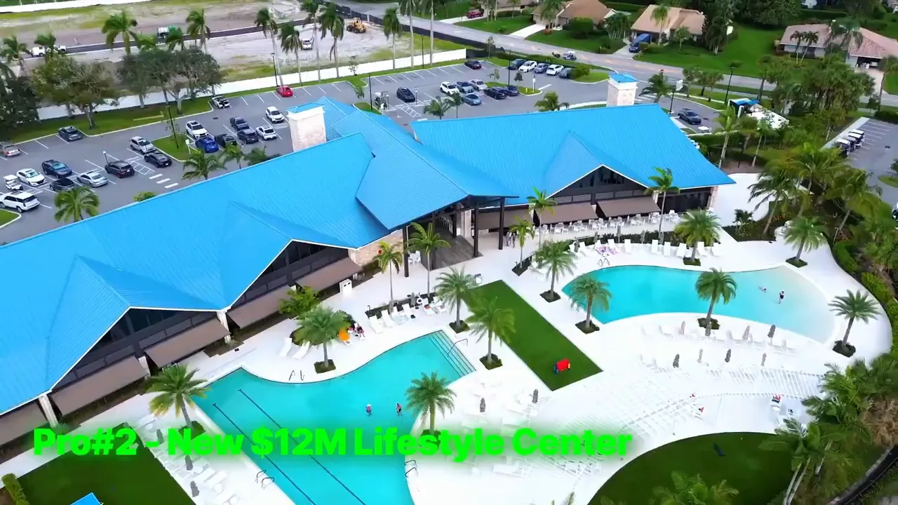Aerial view of The Pointe and pools with text highlighting new 12 million lifestyle center