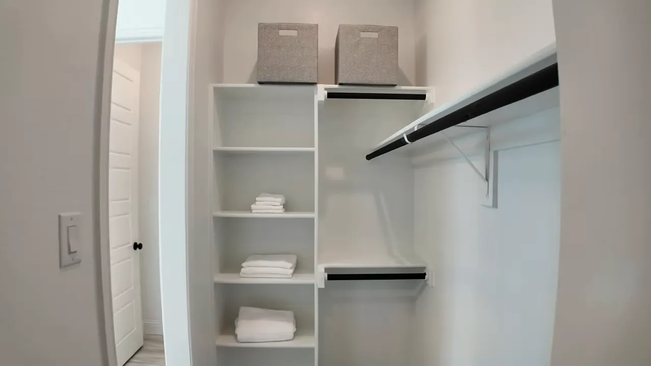 walk in closet with shelving and hanging rods connected to laundry area