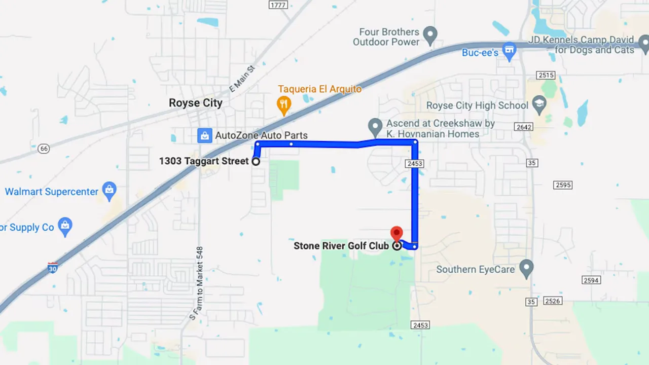 map showing route from highway area to stone river golf club in royse city