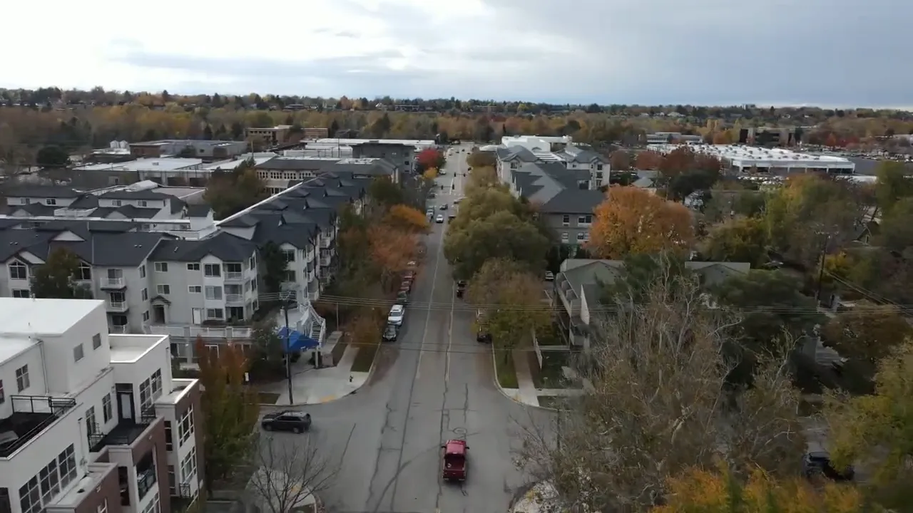Aerial view of Boise Idaho neighborhood streets and apartment buildings