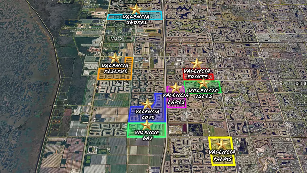 Aerial map highlighting multiple Valencia communities including Valencia Reserve, Cove, Bay, and Isles