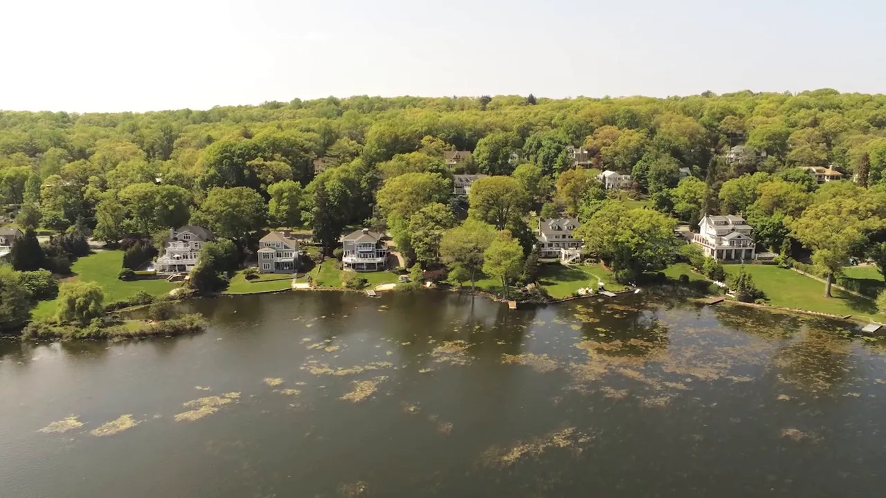 Aerial view of lakefront homes surrounded by trees in North Jersey