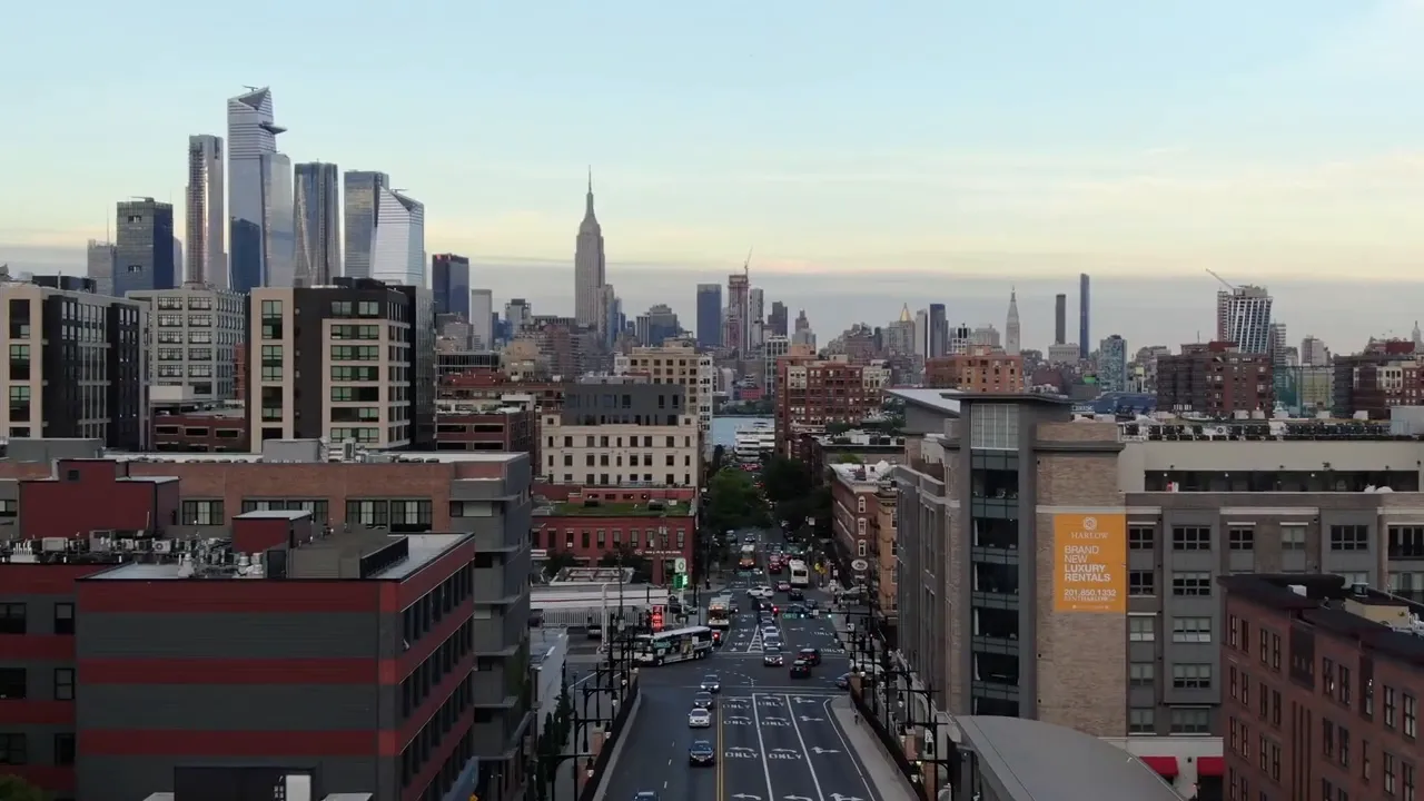 North Jersey city street view with Manhattan skyline in the distance