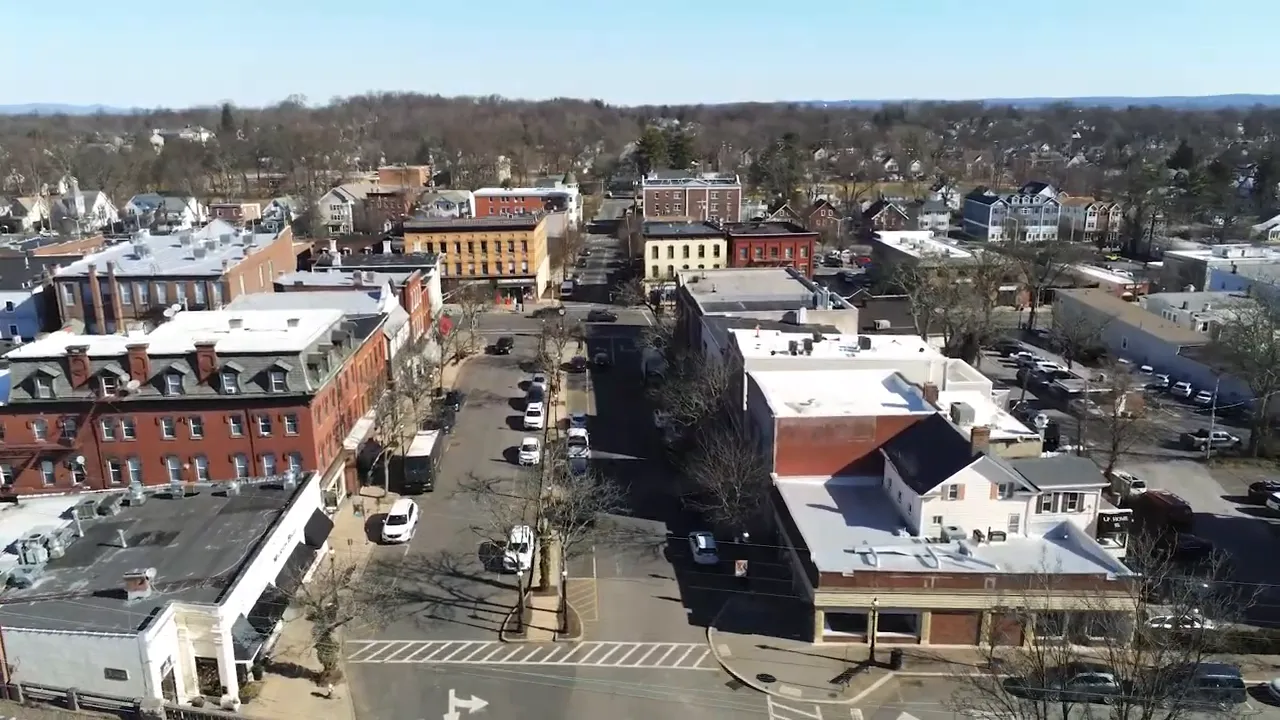 Aerial view of North Jersey downtown area with streets and rail corridor