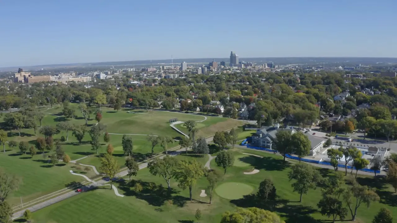 Aerial view of Omaha neighborhoods and skyline