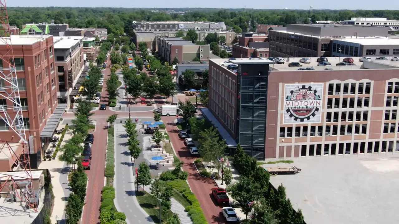Aerial view of Midtown Carmel business district and surrounding streets in Carmel, Indiana
