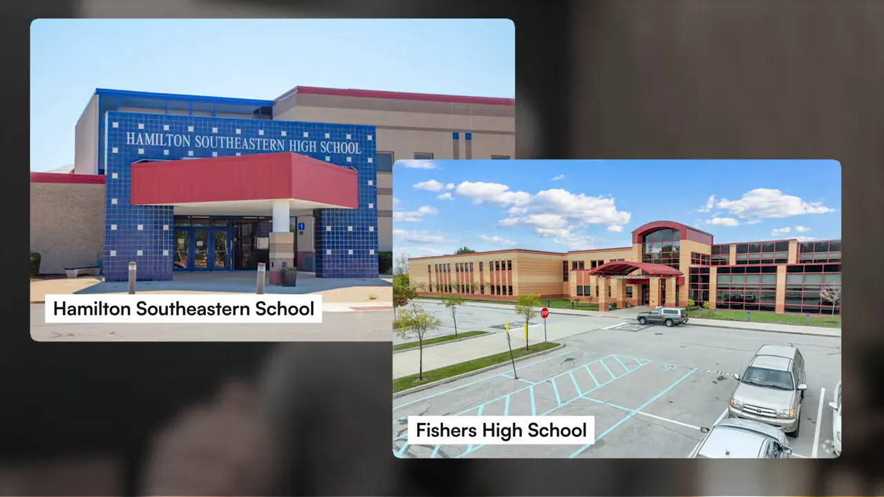 Split-screen comparison of Hamilton Southeastern School and Fishers High School campuses in Indiana
