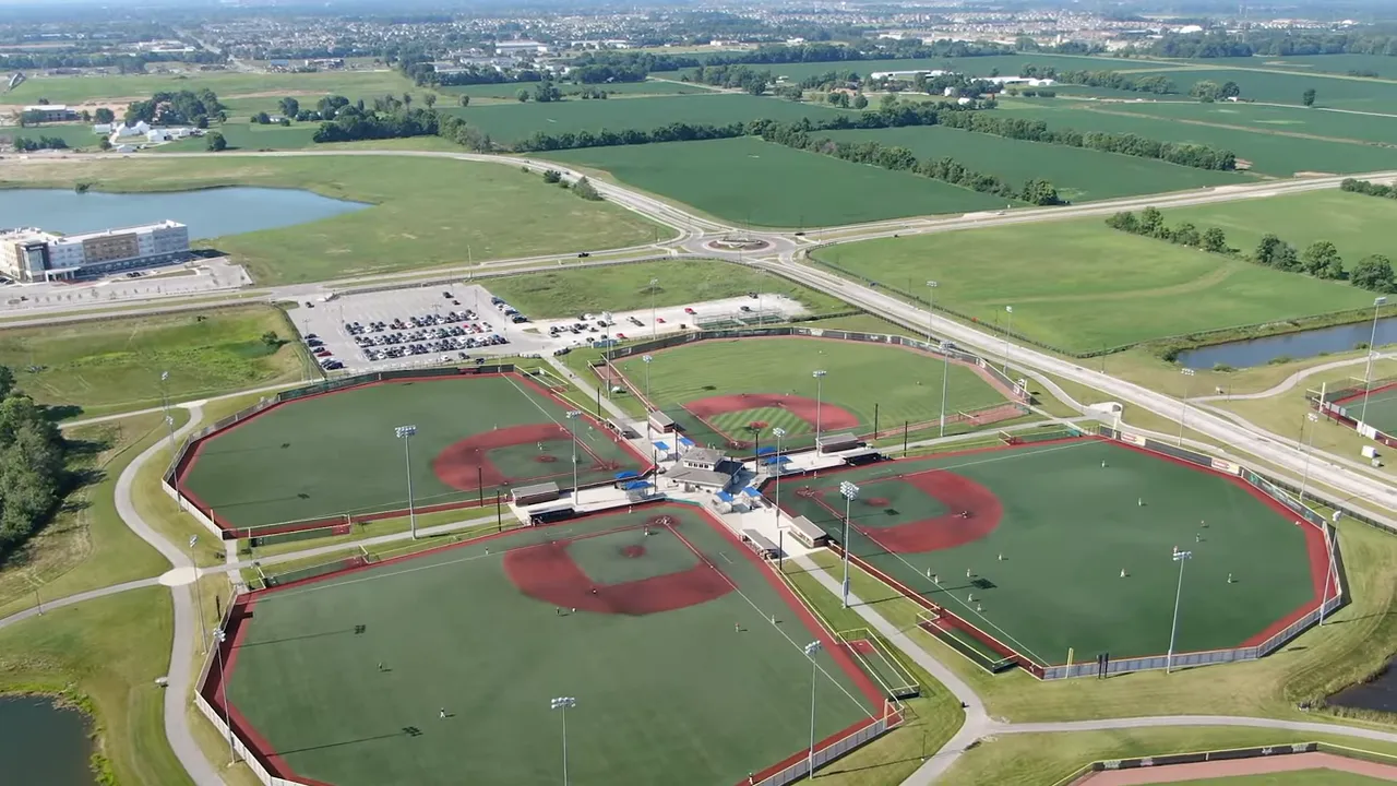 Aerial view of Grand Park Sports Campus in Westfield, Indiana with soccer fields and courts
