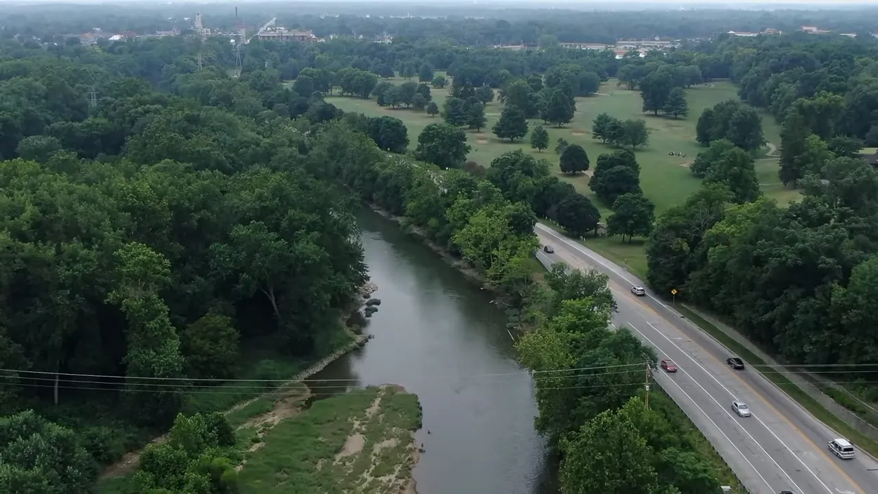 Aerial view of a river corridor and highway near Noblesville Indiana