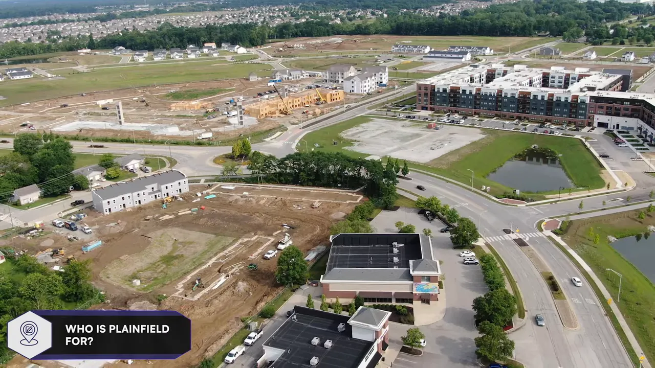 Aerial view of a developing neighborhood and commercial area in Plainfield, Indiana