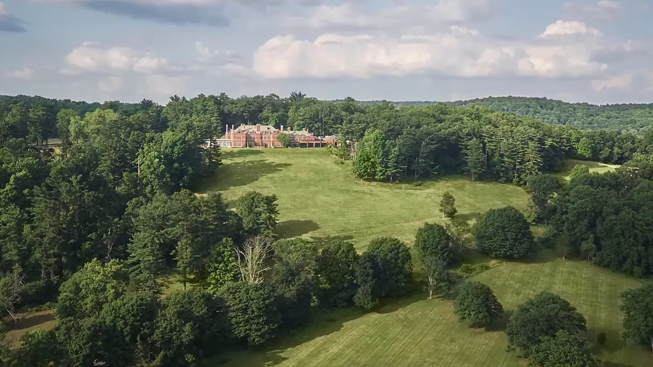 Aerial view of large homes and rolling green landscape near Bernardsville