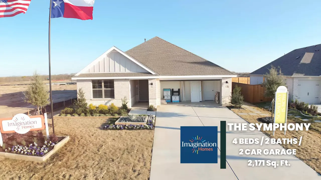 Centered aerial view of Imagination Homes Symphony model with signage and model text overlay