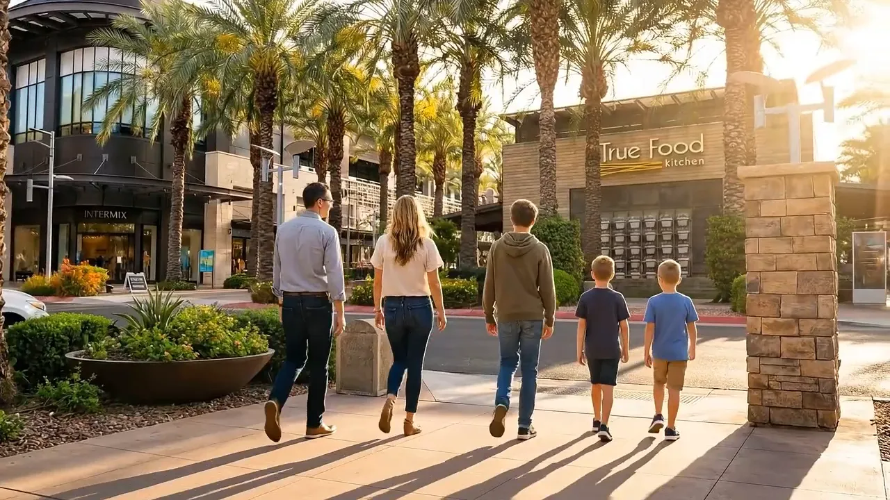 Family walking along sunny palm lined shopping plaza