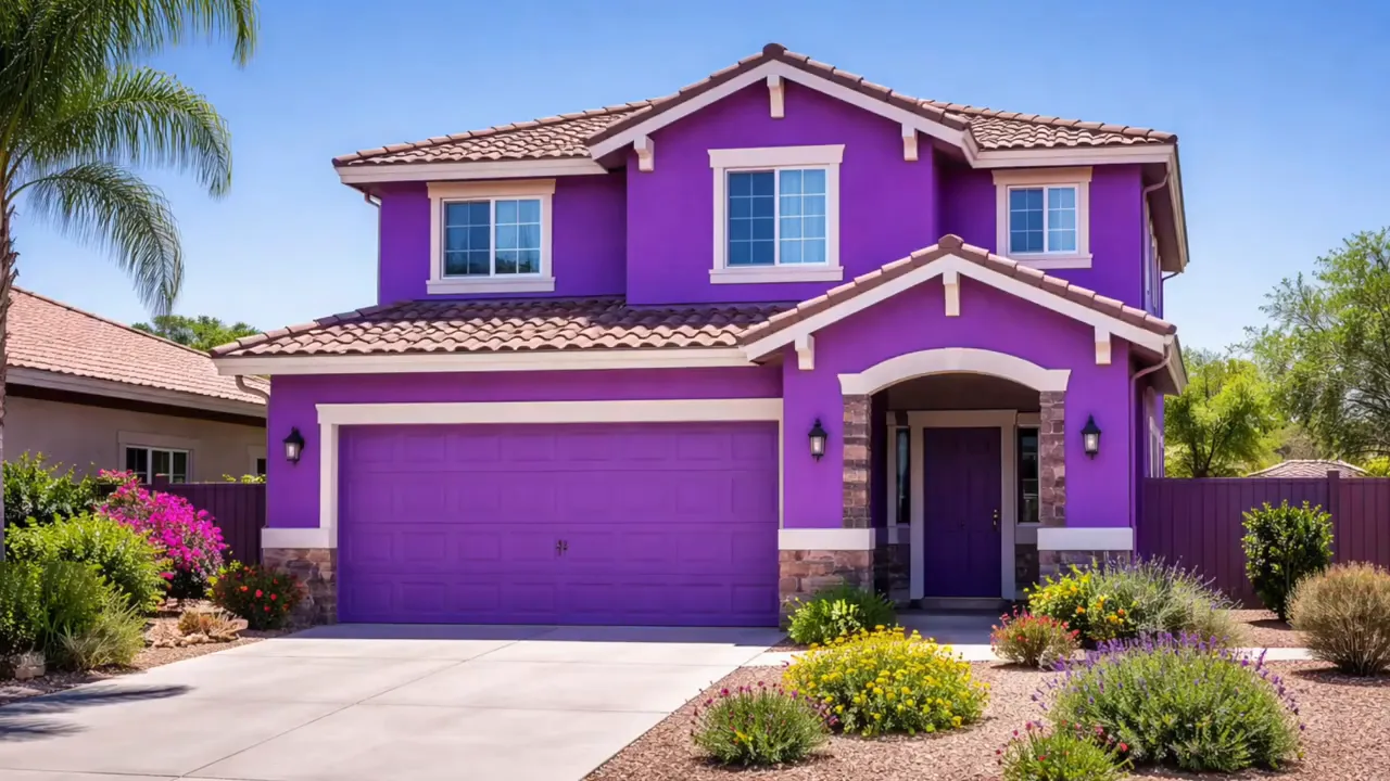 Bright purple two story house with purple garage and front landscaping