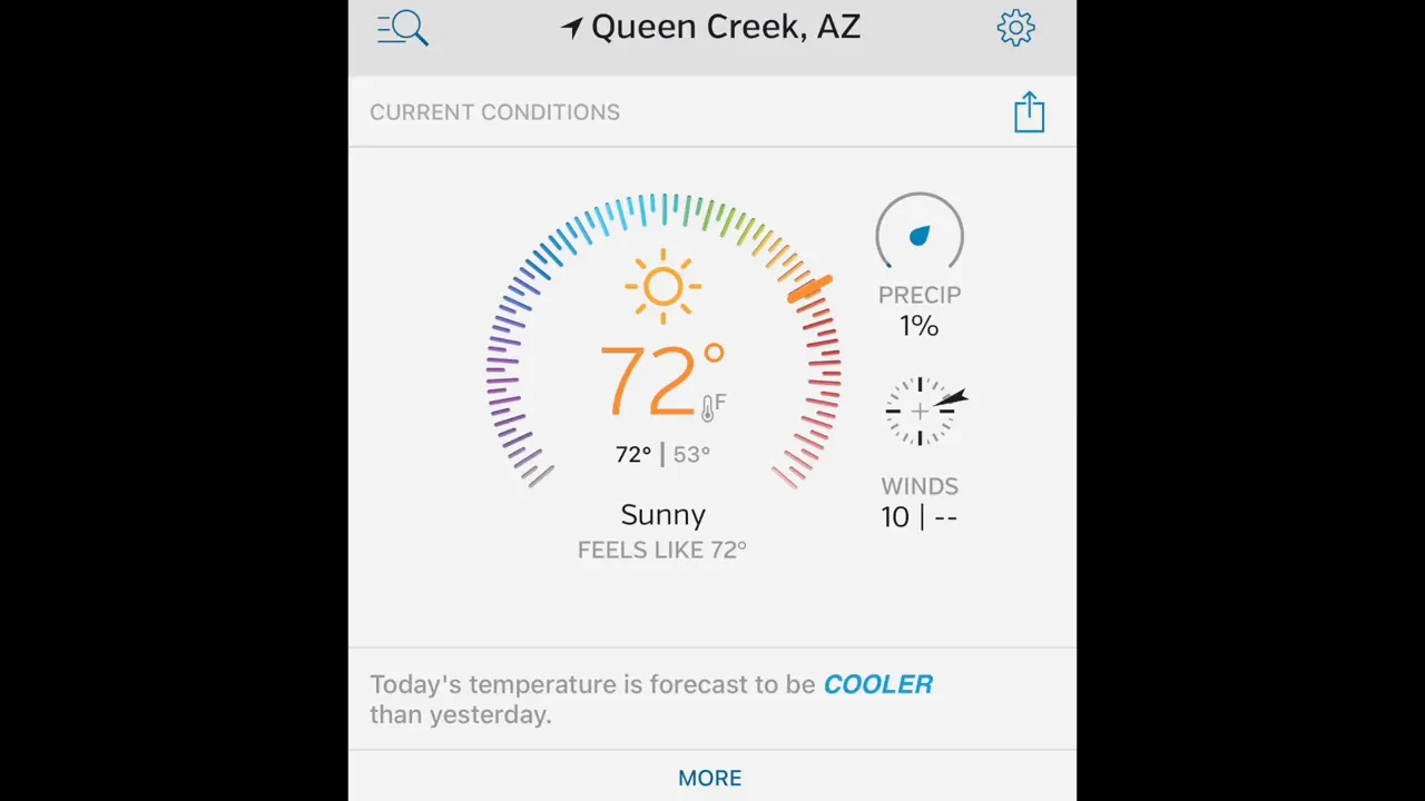 Weather app screen showing Queen Creek Arizona temperature at 72 degrees and sunny
