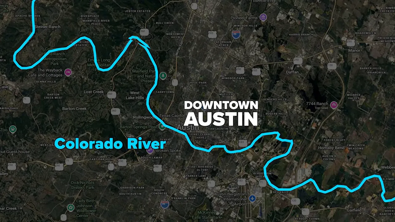 Map of Austin with Colorado River labeled as the dividing line