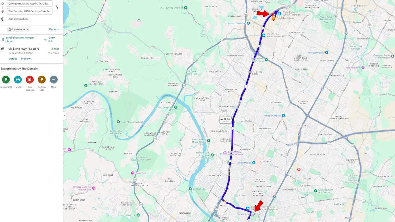 Map showing a route from downtown Austin to the Domain