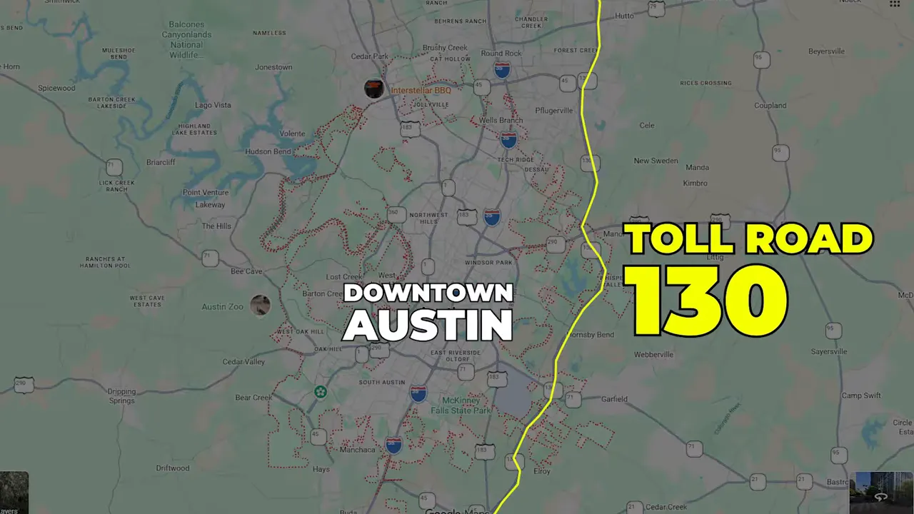 Map of Austin highlighting Toll Road 130