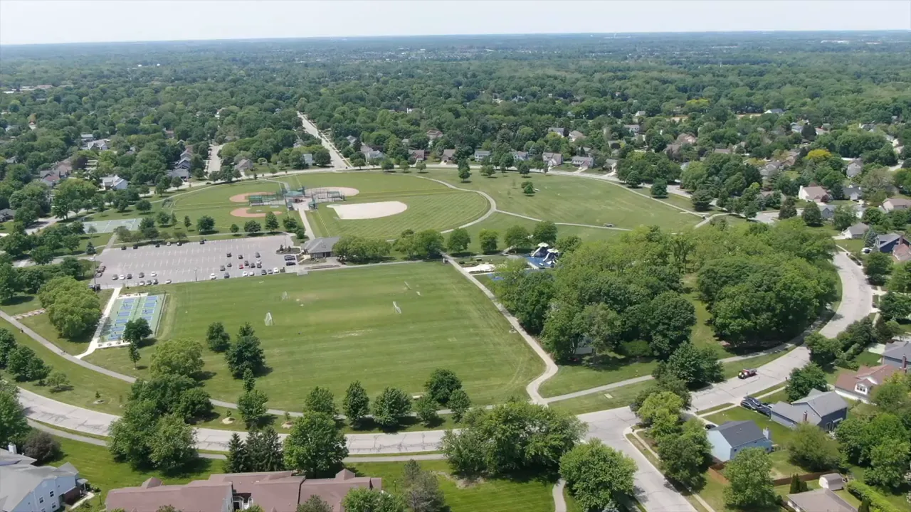 Aerial view of Fishers Indiana neighborhoods showing sidewalks, parks, and street layout