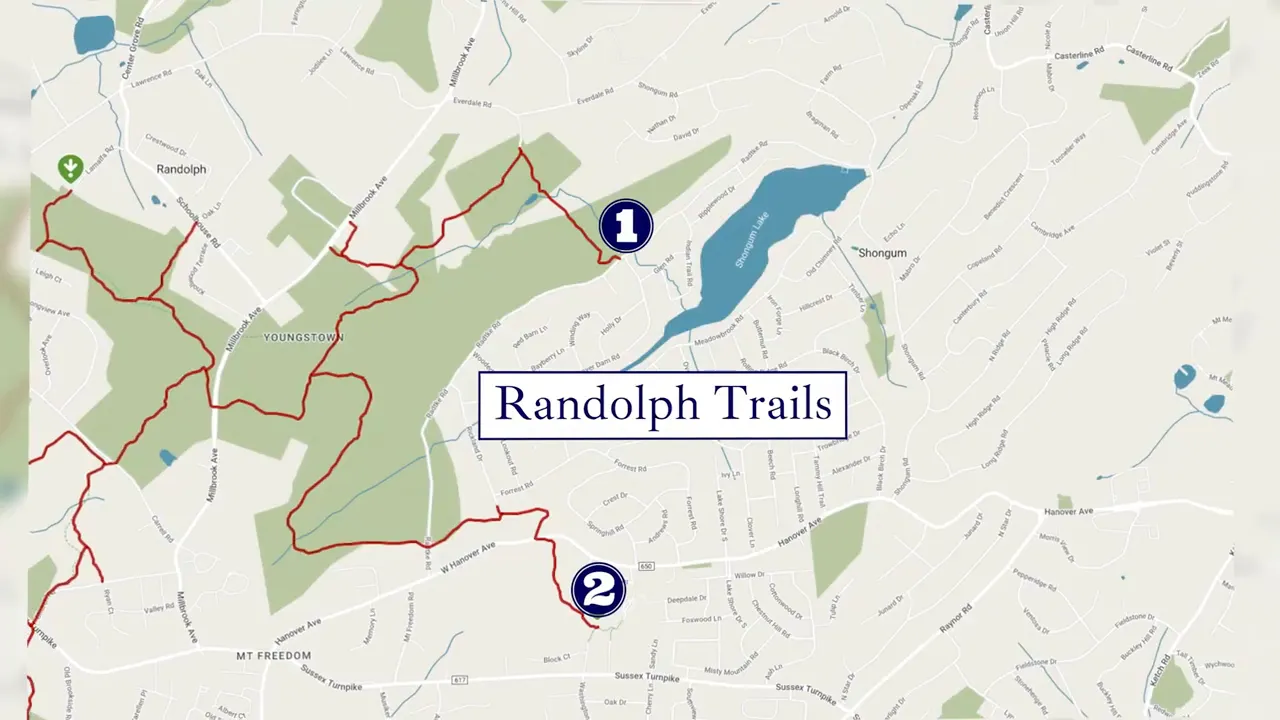 Map labeled Randolph Trails with two numbered points near the lake