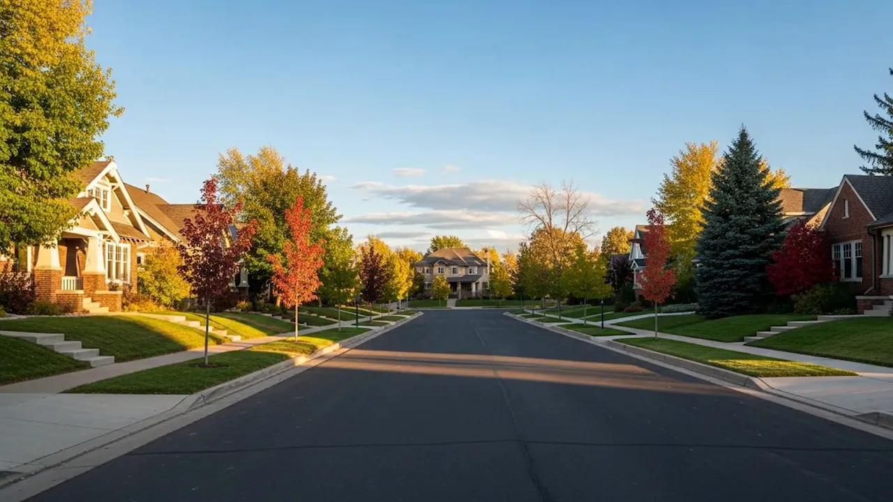 Residential neighborhood street in Lafayette Colorado with autumn trees