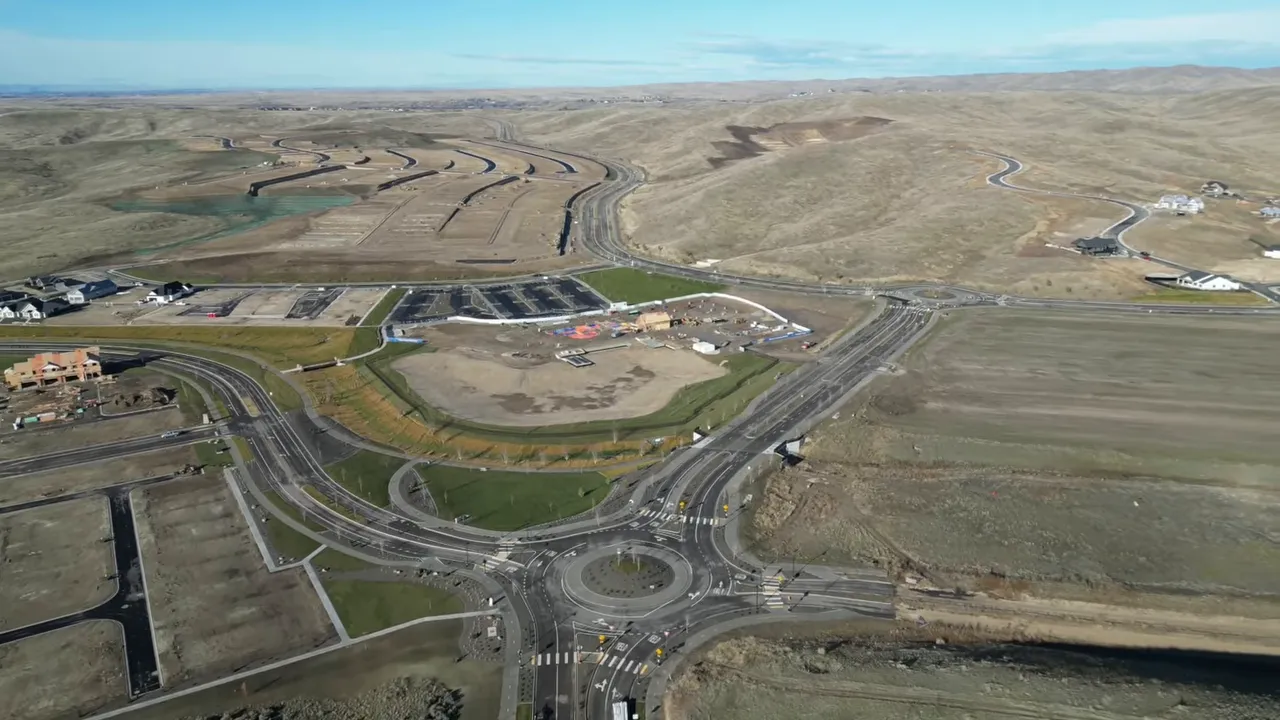 Aerial view of Valnova development core and major road connections in Eagle foothills