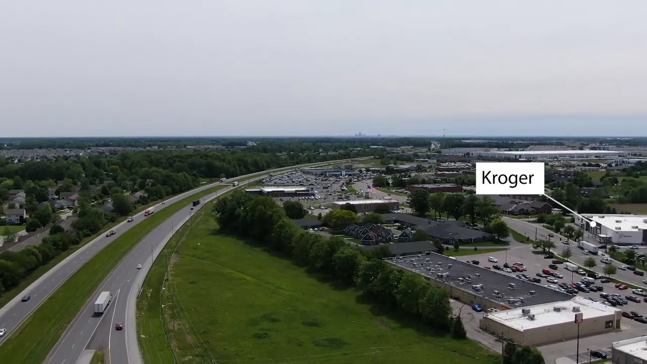 Aerial view of Brownsburg retail area near the interstate with a labeled Kroger location