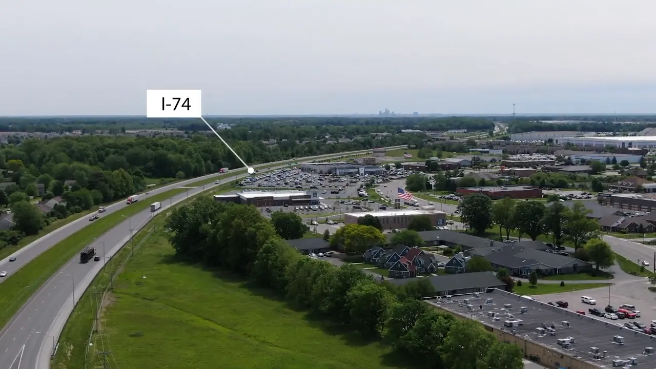 Aerial view of Interstate 74 running beside commercial development in Brownsburg