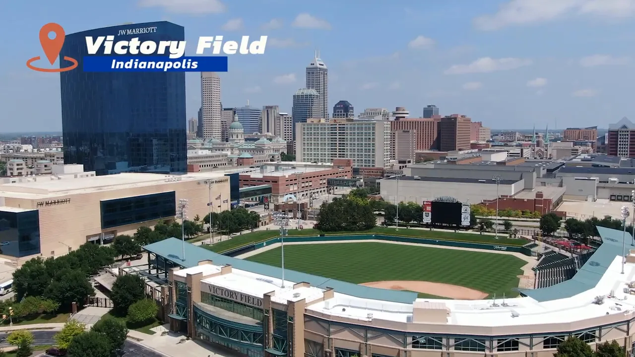 Aerial view of Victory Field in downtown Indianapolis with surrounding skyline