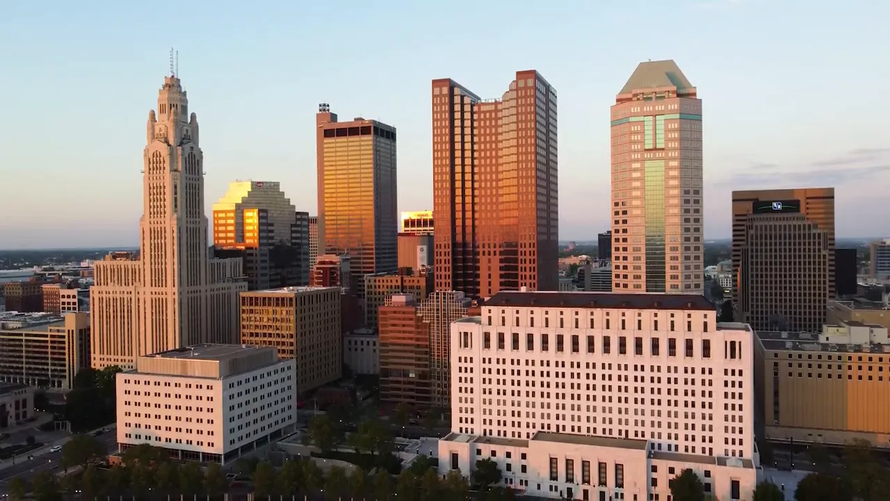 Aerial view of downtown Columbus skyline and river bridges