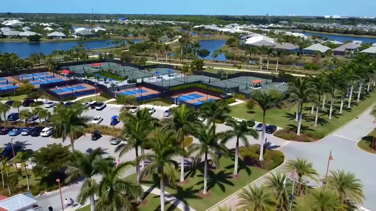 Aerial view of tennis and pickleball courts surrounded by palm trees