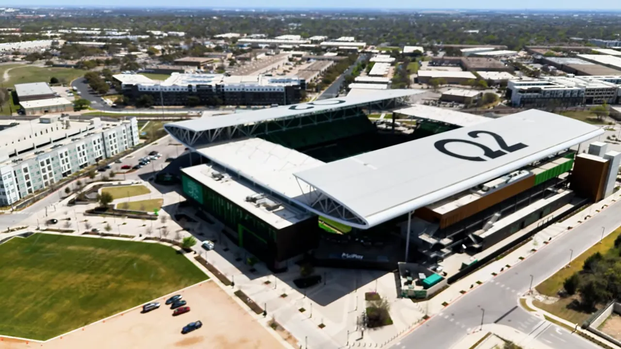Aerial view of Q2 Stadium and nearby office parks in North Austin