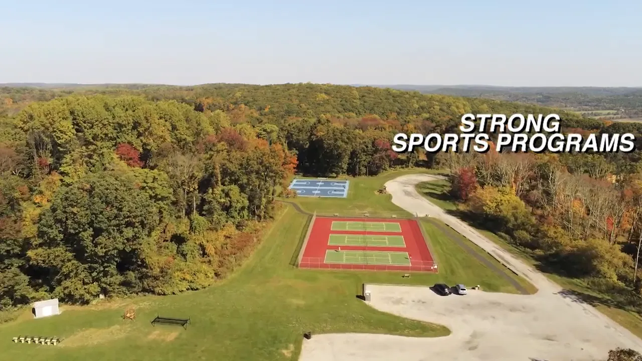 Aerial view of tennis courts and athletic area with text reading strong sports programs