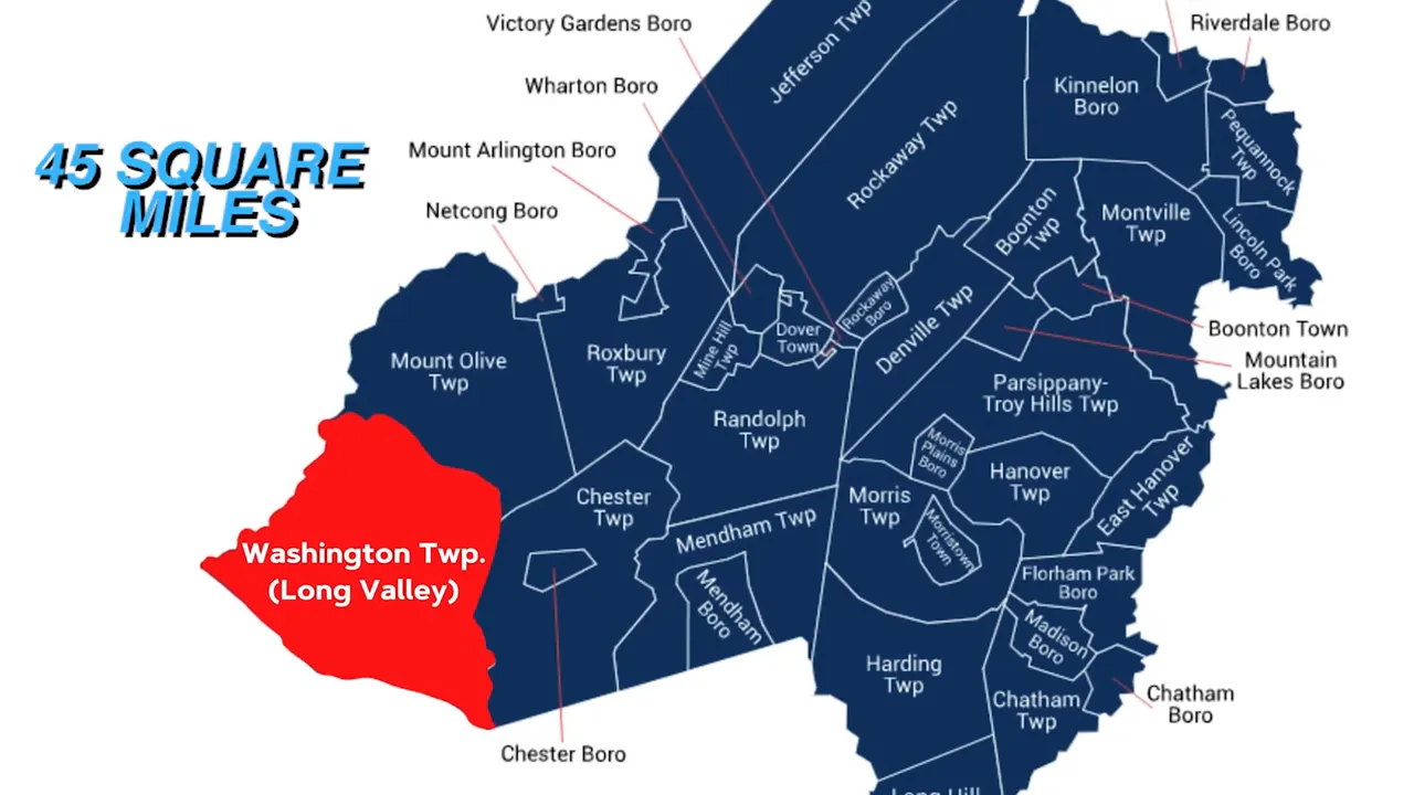 Map of Morris County with Washington Township highlighted and text reading 45 square miles
