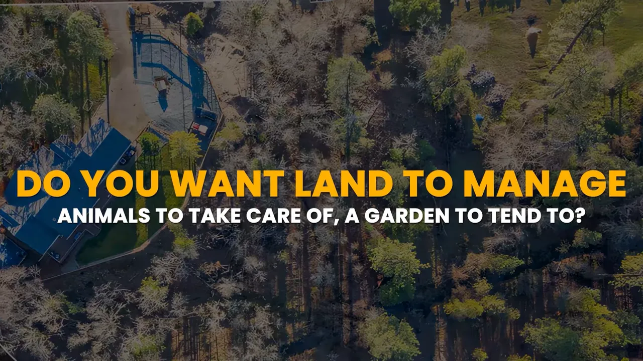 Aerial view of wooded property with text asking about managing land animals and a garden