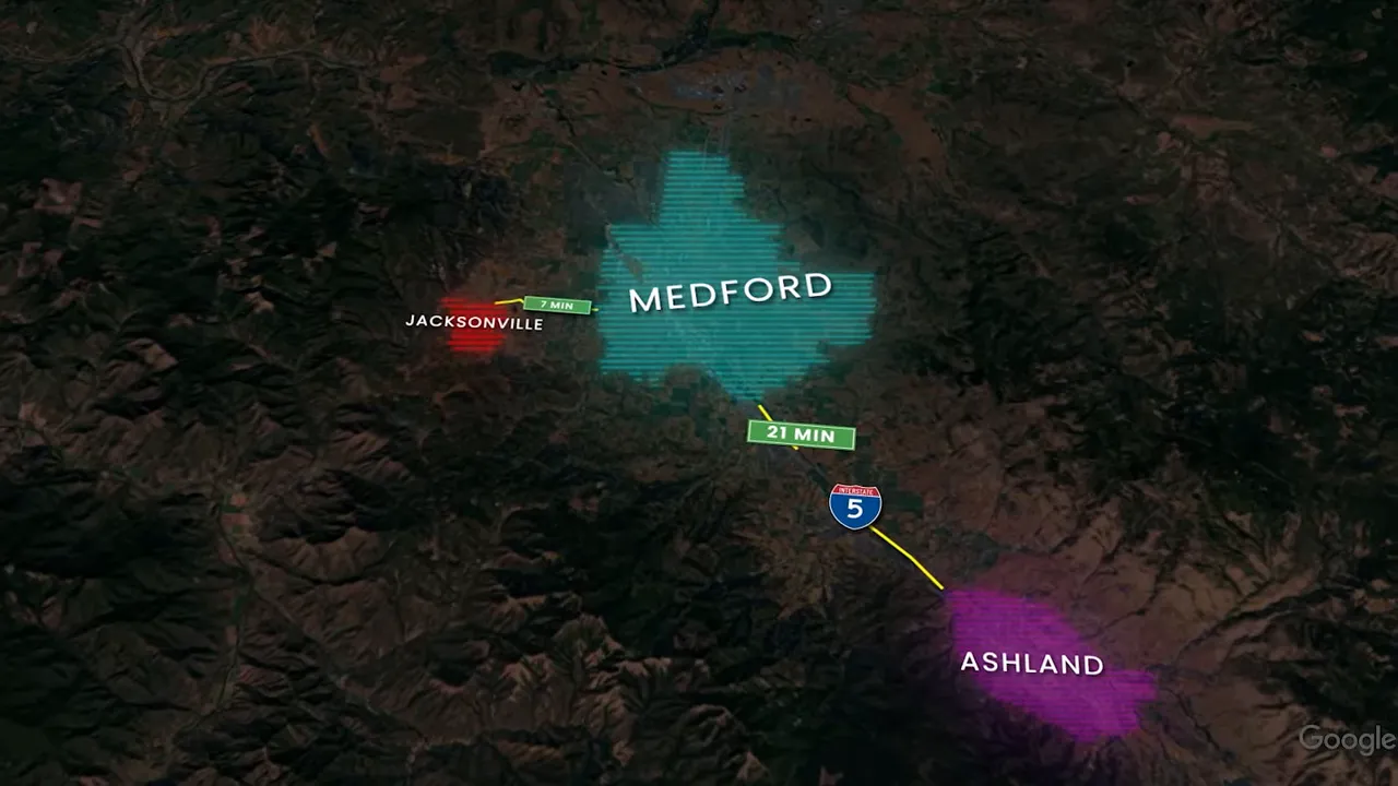 Aerial view of Medford with grocery and appointment icons