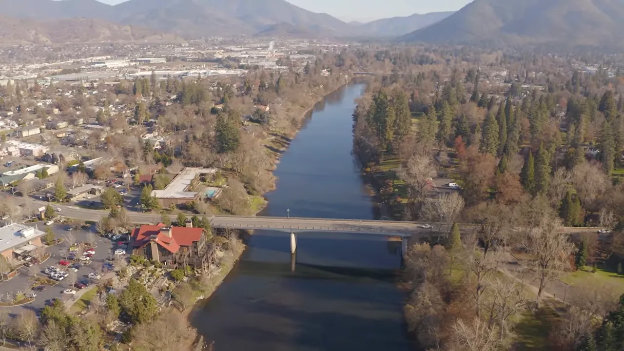 Aerial river view with text comparing fifteen minutes and over one hour to water