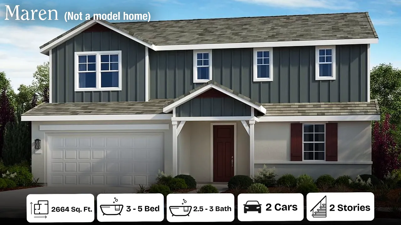 Centered front elevation of the two-story model home with garage and specification icons, clear and well-framed.