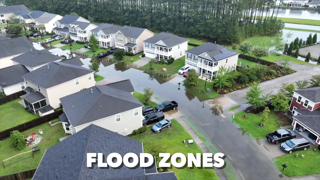 Aerial drone view of a flooded neighborhood with standing water around homes and bold on-screen text 'FLOOD ZONES'