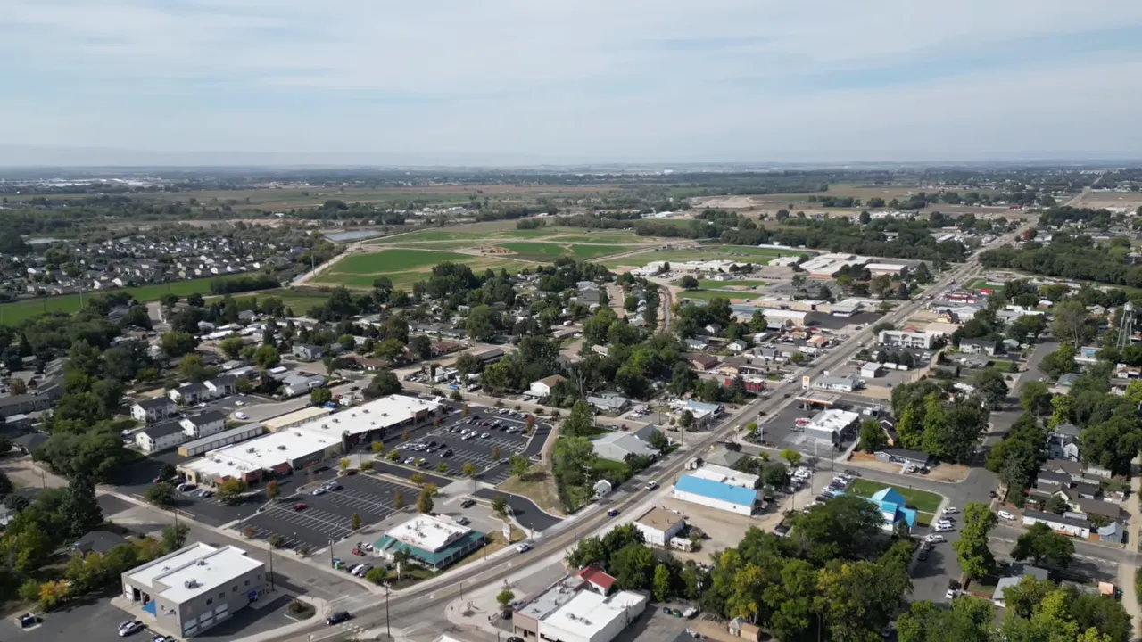 Aerial view of Middleton Idaho showing neighborhoods, roads, and surrounding farmland