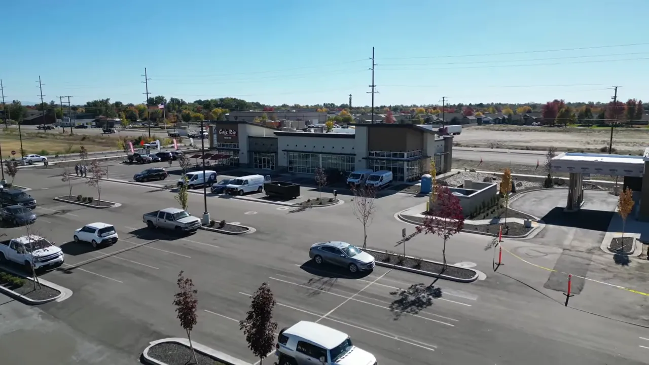 Aerial view of commercial area in Star, Idaho with parking lots and retail buildings