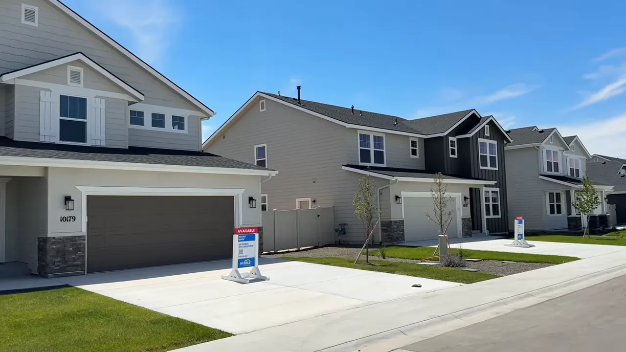 Two-story Hubble Homes neighborhood with sales signs and green lawns