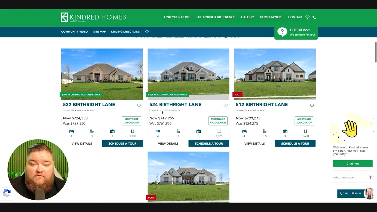 Kindred Homes listing page with multiple home prices and addresses