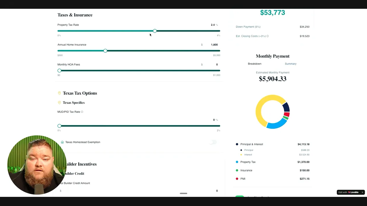 Loan calculator taxes and insurance sliders and monthly payment breakdown including principal and interest