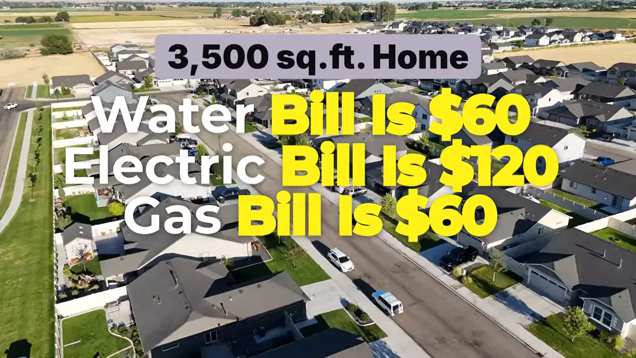 Aerial neighborhood view with text showing utility costs for a 3500 square foot home